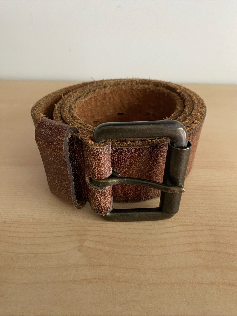 Men's Brown Leather Belt with Brass-Tone Buckle